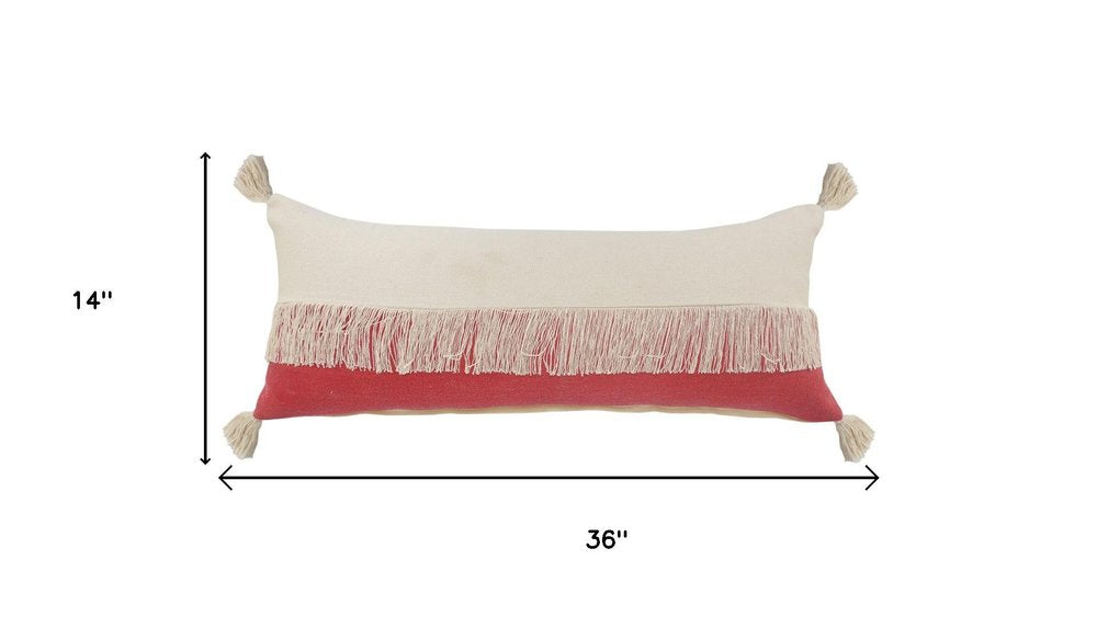 14" X 36" Red And Ivory Lumbar Beach Striped Cotton Throw Pillow Cover
