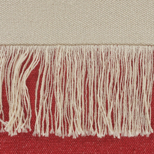 14" X 36" Raspberry And Off White Lumbar Beach Cotton Throw Pillow Cover with Tassels