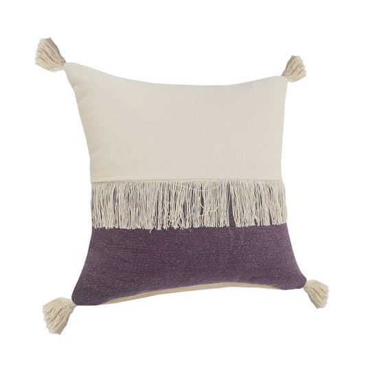 20" Eggplant And Off White Beach Cotton Throw Pillow Cover with Tassels