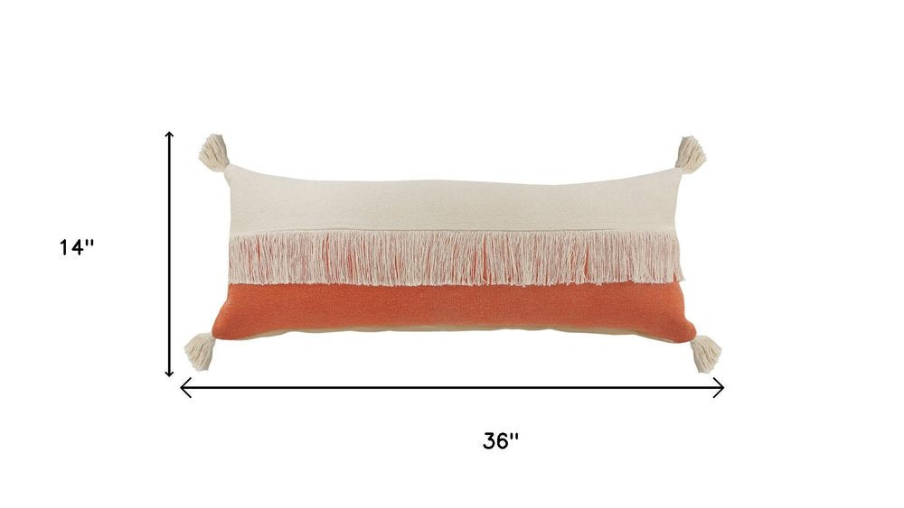 14" X 36" Orange And Ivory Lumbar Beach Striped Cotton Throw Pillow Cover