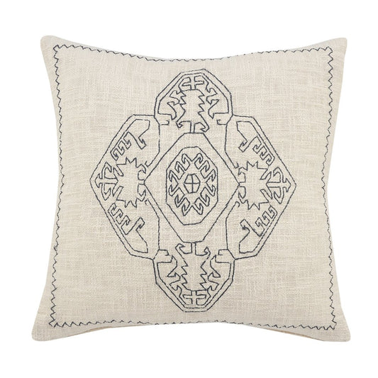 20" White And Blue Medallion Cotton Throw Pillow Cover with Embroidery