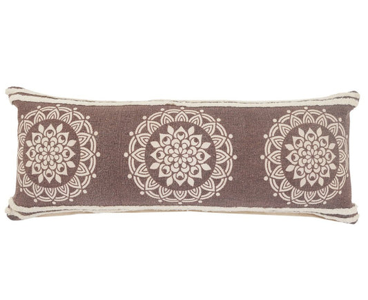 14" X 36" Brown And White Lumbar Medallion Cotton Throw Pillow Cover
