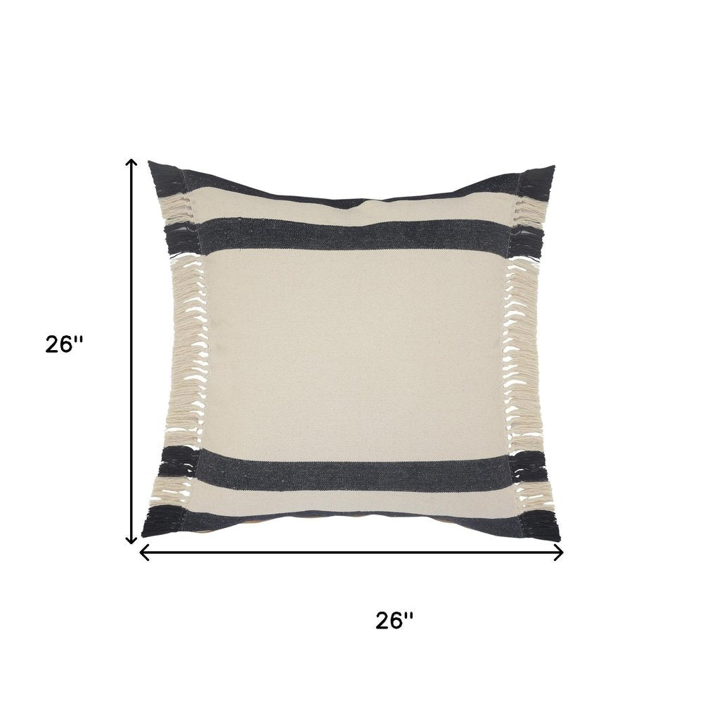 26" Blue And White Floor Striped Cotton Throw Pillow Cover with Fringe