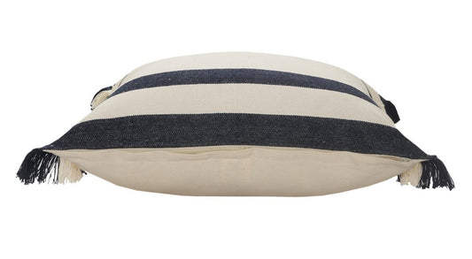 26" Blue And White Floor Striped Cotton Throw Pillow Cover with Fringe