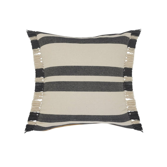20" Gray And White Striped Cotton Throw Pillow Cover with Fringe