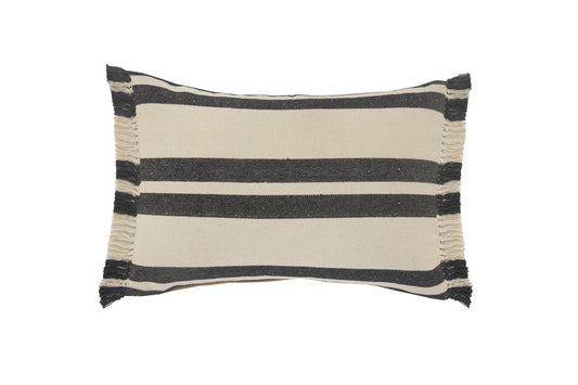 16" X 24" Gray And White Lumbar Striped Cotton Throw Pillow Cover with Fringe