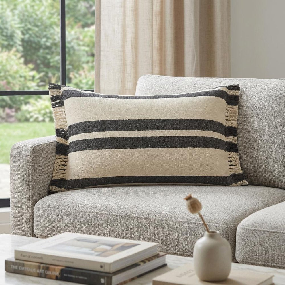 16" X 24" Gray And White Lumbar Striped Cotton Throw Pillow Cover with Fringe