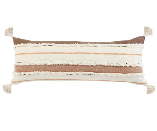 14" X 36" White And Brown Lumbar Beach Striped Cotton Throw Pillow Cover with Tassels Tufts And Texture
