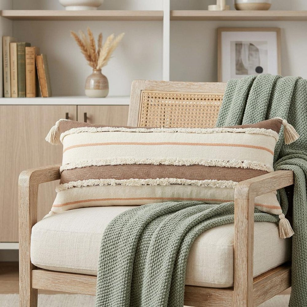 14" X 36" White And Brown Lumbar Beach Striped Cotton Throw Pillow Cover with Tassels Tufts And Texture