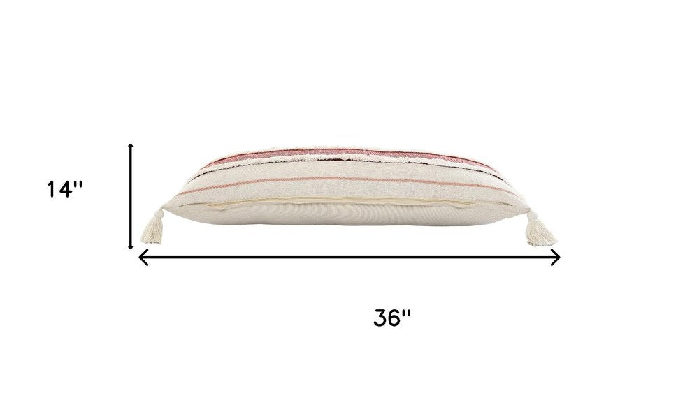 14" X 36" White And Red Lumbar Beach Geometric Cotton Throw Pillow Cover