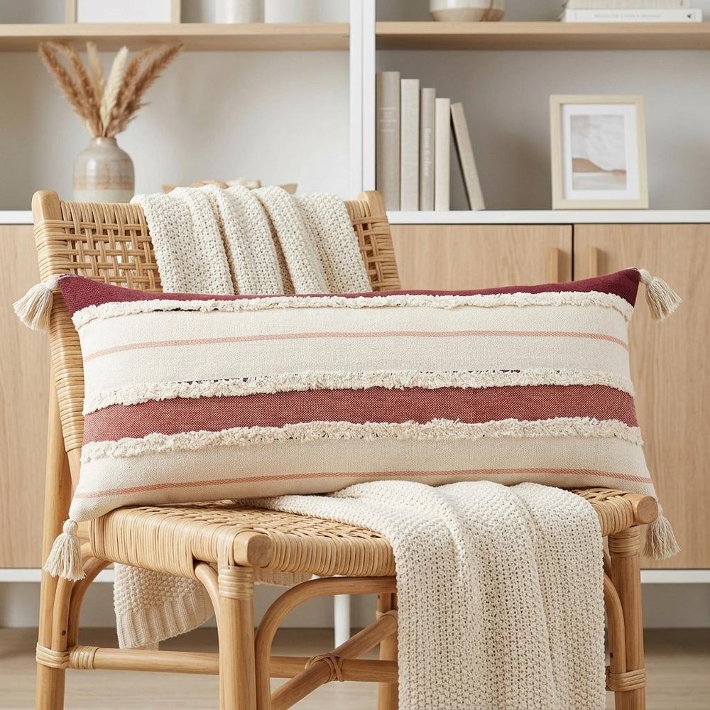 14" X 36" Off White And Maroon Lumbar Beach Striped Cotton Throw Pillow Cover with Tassels
