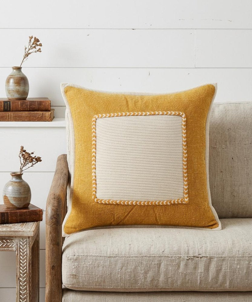 20" Yellow And White Beach Color Block Cotton Throw Pillow Cover with Texture