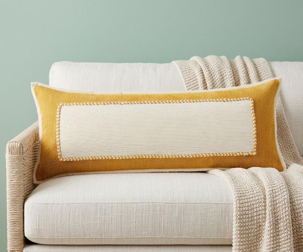 14" X 36" Yellow And White Lumbar Beach Color Block Cotton Throw Pillow Cover with Texture
