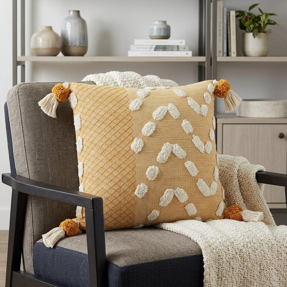 20" Yellow And White Geometric Cotton Throw Pillow Cover with Tassels Tufts And Texture