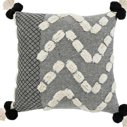 20" Gray And White Geometric Cotton Throw Pillow Cover with Tassels Tufts And Texture