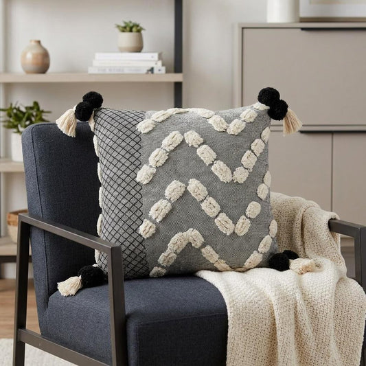 20" Gray And White Geometric Cotton Throw Pillow Cover with Tassels Tufts And Texture