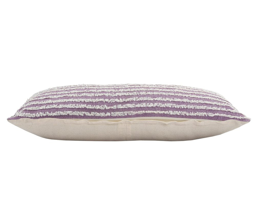 14" X 36" Lavender And Off White Lumbar Striped Cotton Throw Pillow Cover with Tufts