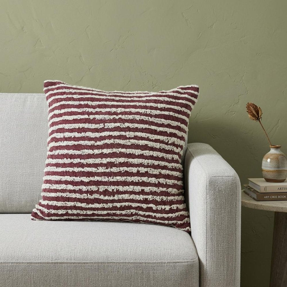 20" Red And White Striped Cotton Throw Pillow Cover with Tufts
