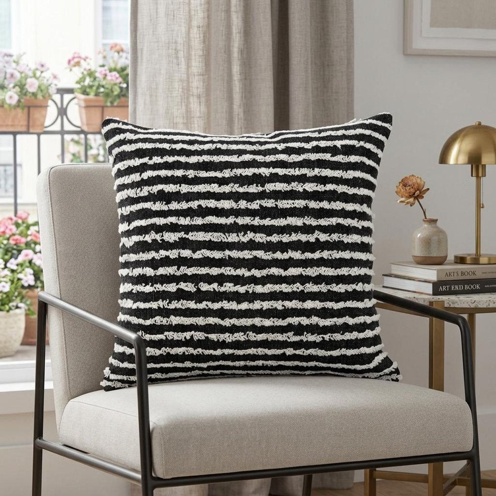 20" Black And White Striped Cotton Throw Pillow Cover with Tufts