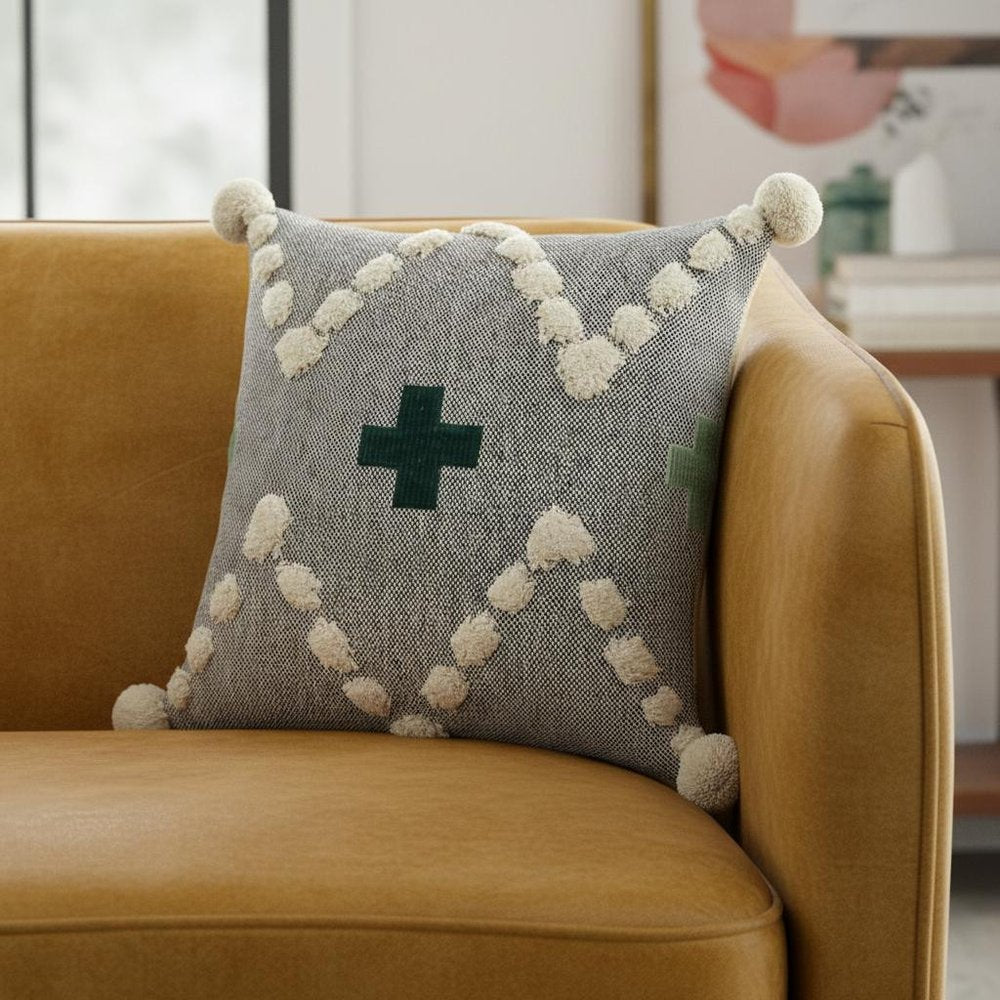 20" Gray And Green Chevron Cotton Throw Pillow Cover