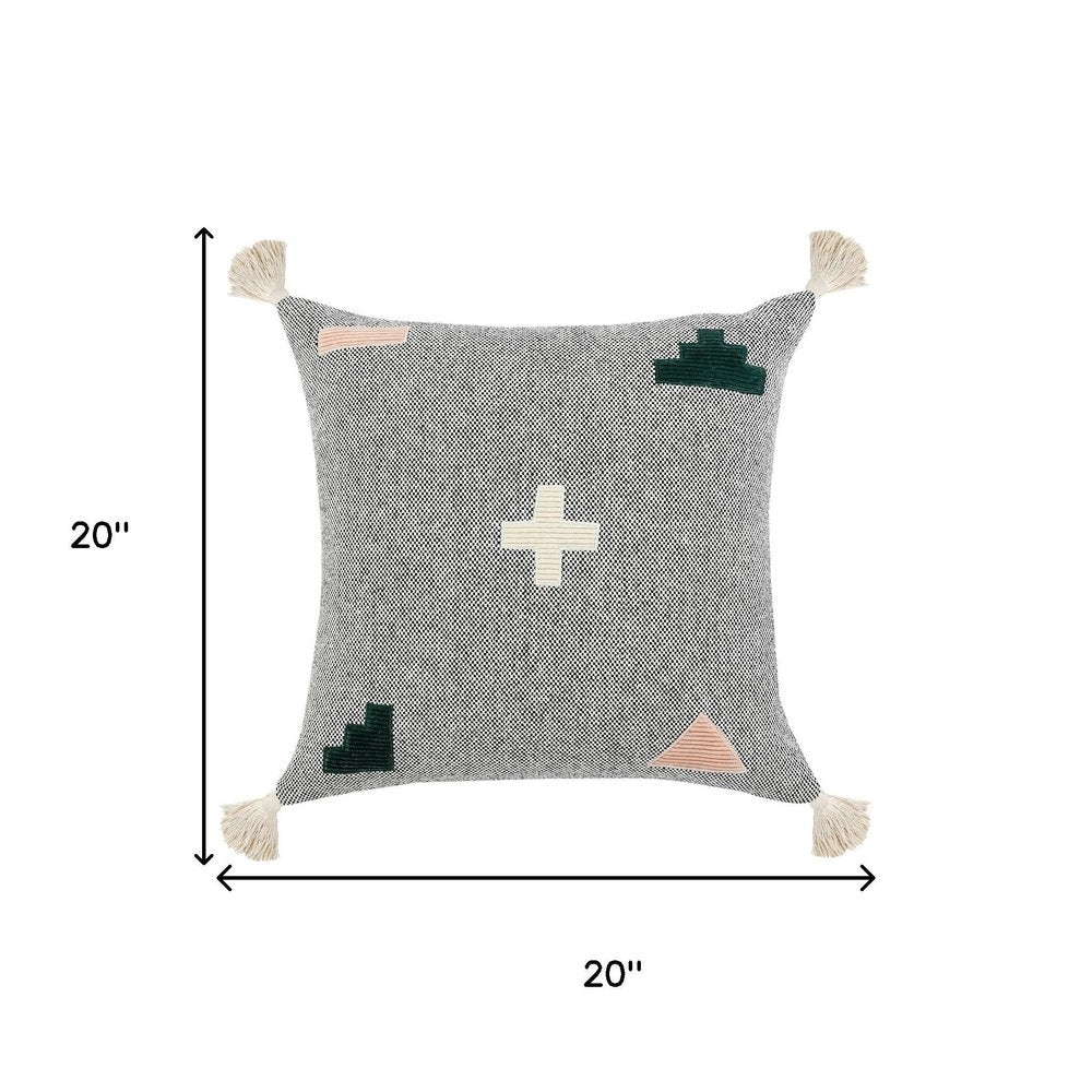 20" Gray And Green Geometric Cotton Throw Pillow Cover