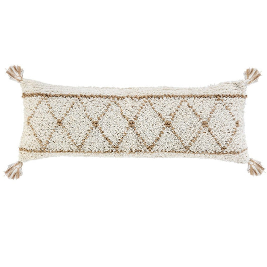14" X 36" Beige And Ivory Lumbar Geometric Jute And Shag Throw Pillow Cover with Tassels