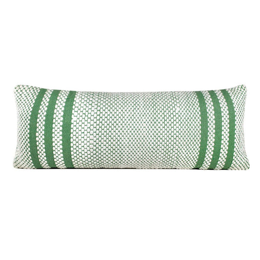 14" X 36" Green And White Lumbar Striped Cotton Blend Throw Pillow Cover