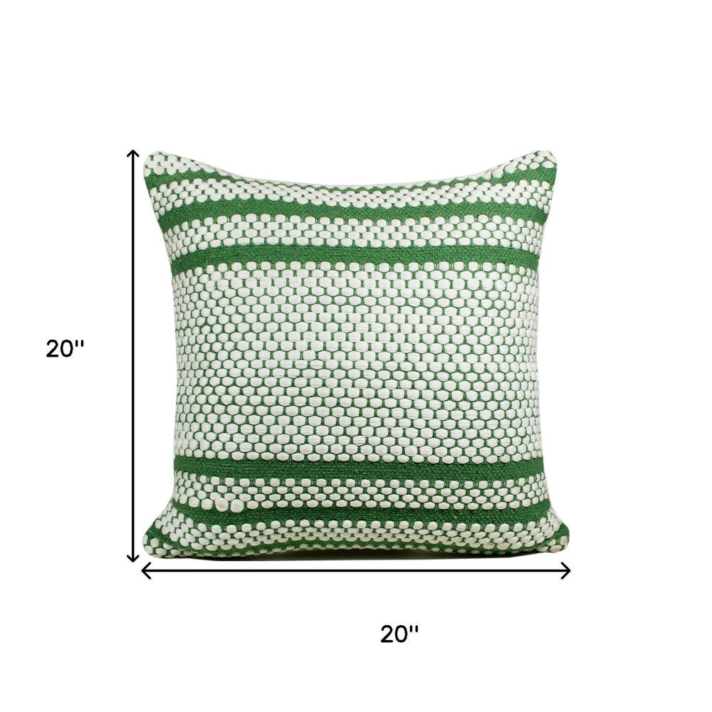20" Green And White Striped Cotton Blend Throw Pillow Cover