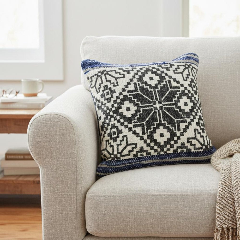 20" Blue Ivory And Black Geometric Cotton Blend Throw Pillow Cover