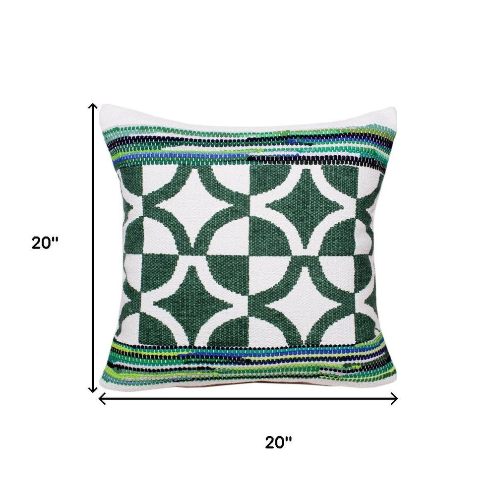 20" Green And White Diamond Cotton Blend Throw Pillow Cover