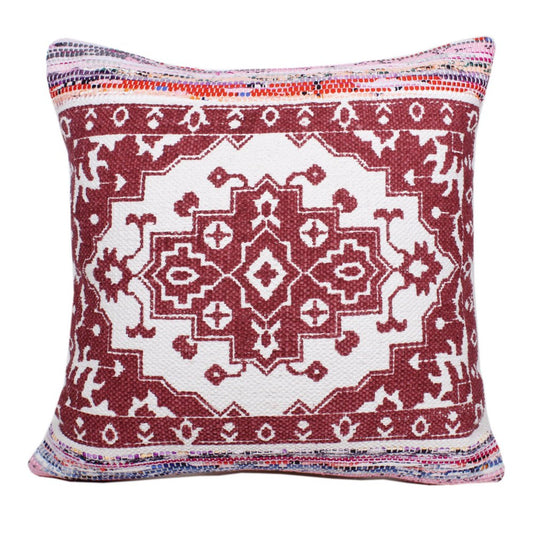 20" Red And White Medallion Cotton Blend Throw Pillow Cover
