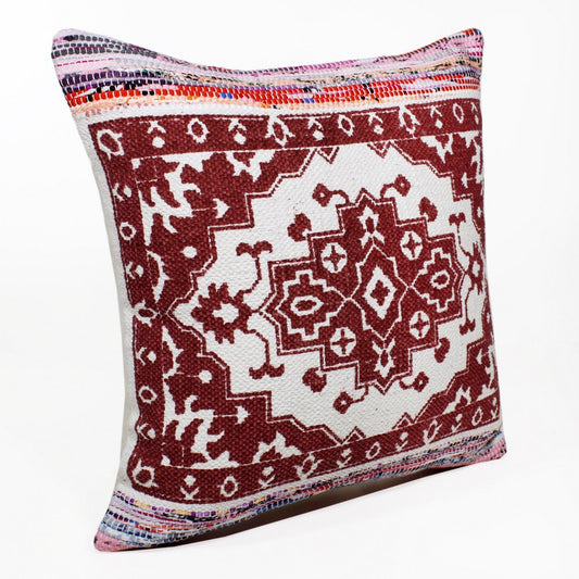 20" Red And White Medallion Cotton Blend Throw Pillow Cover