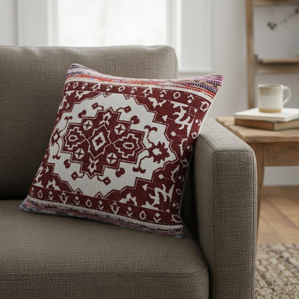 20" Red And Ivory Medallion Cotton Blend Throw Pillow Cover