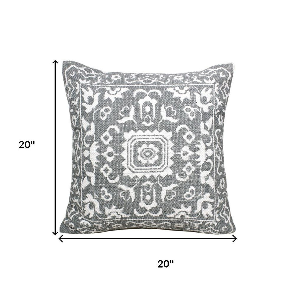 20" Gray And White Medallion Cotton Blend Throw Pillow Cover