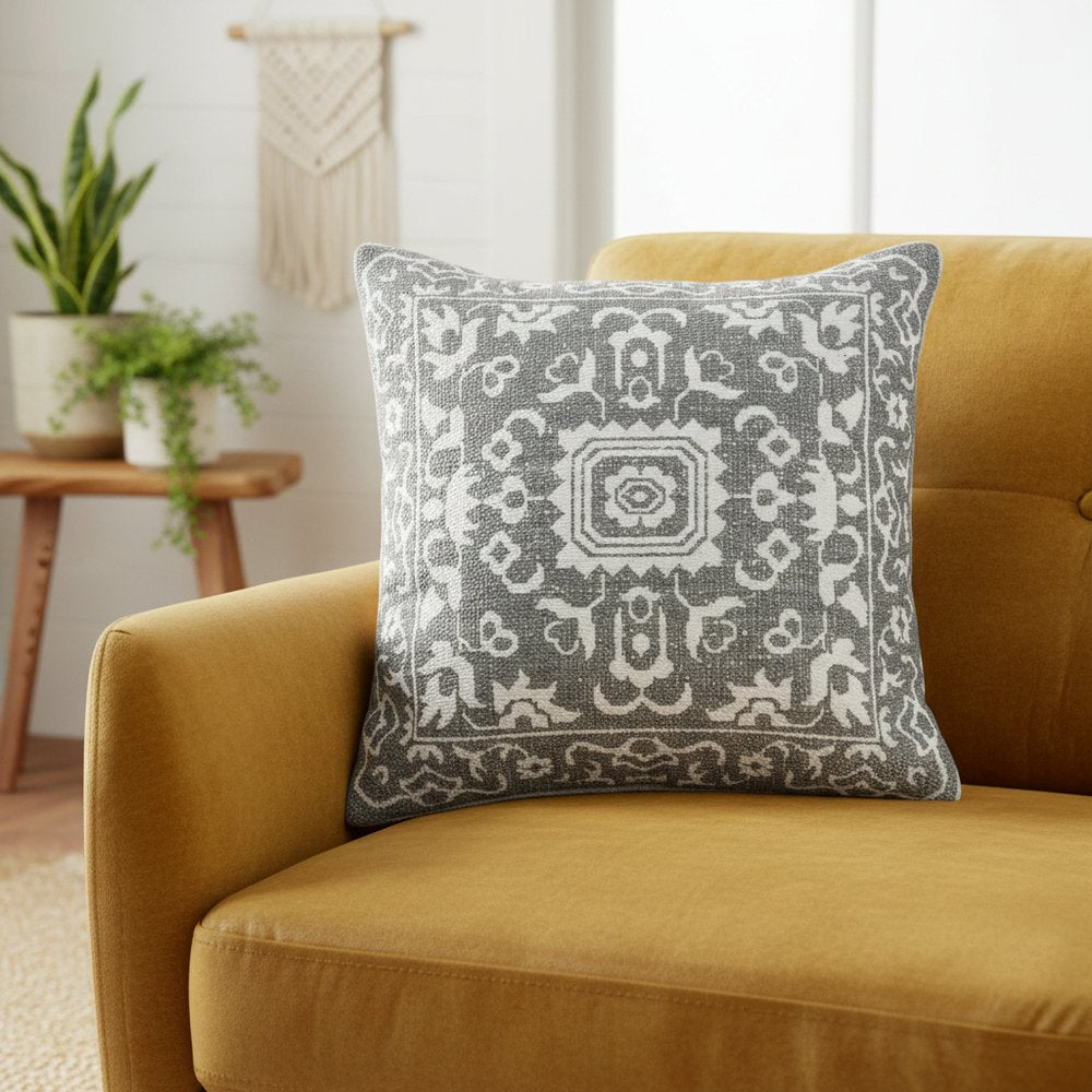 20" Gray And White Medallion Cotton Blend Throw Pillow Cover