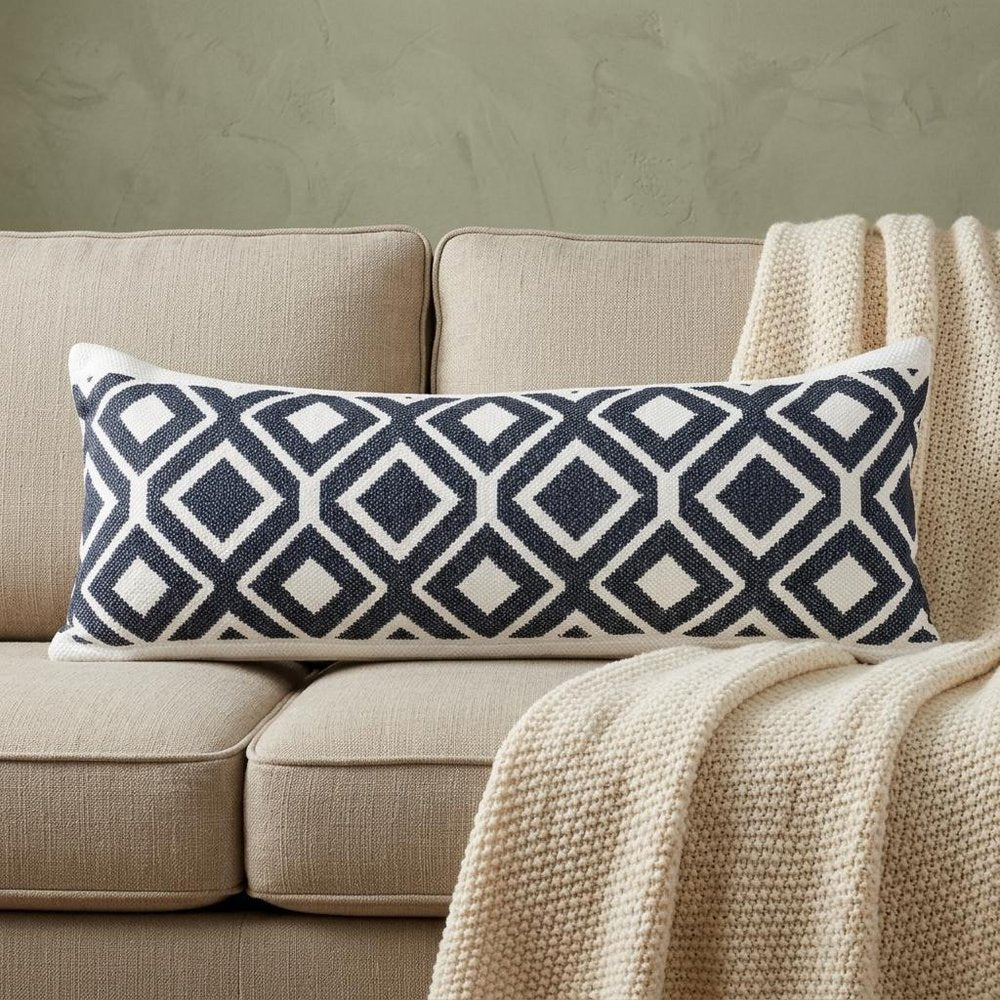 14" X 36" Ivory And Blue Lumbar Diamond Cotton Blend Throw Pillow Cover
