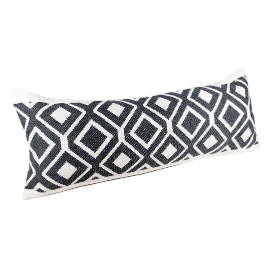14" X 36" Ivory And Blue Lumbar Diamond Cotton Blend Throw Pillow Cover