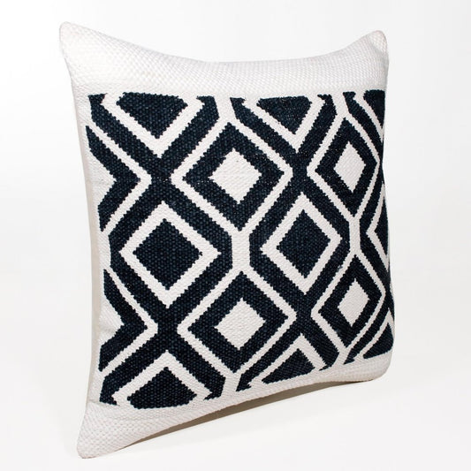 20" Ivory And Blue Diamond Cotton Blend Throw Pillow Cover