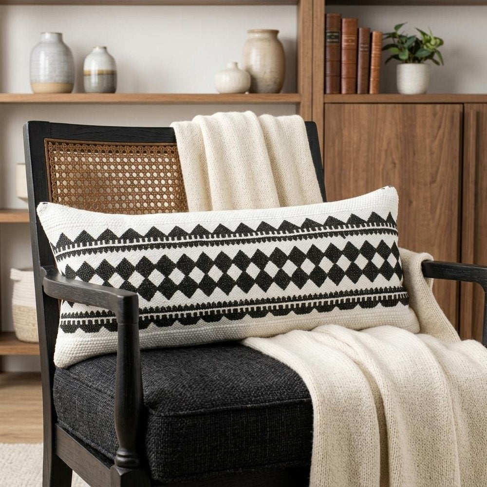 14" X 36" Black And Ivory Lumbar Geometric Cotton Blend Throw Pillow Cover