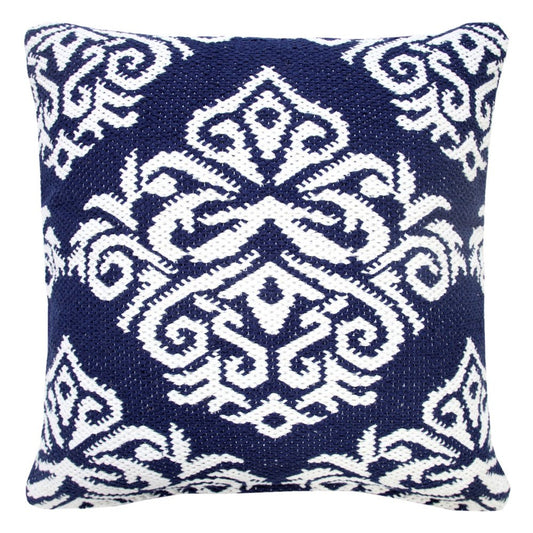 20" Blue And White Medallion Cotton Blend Throw Pillow Cover