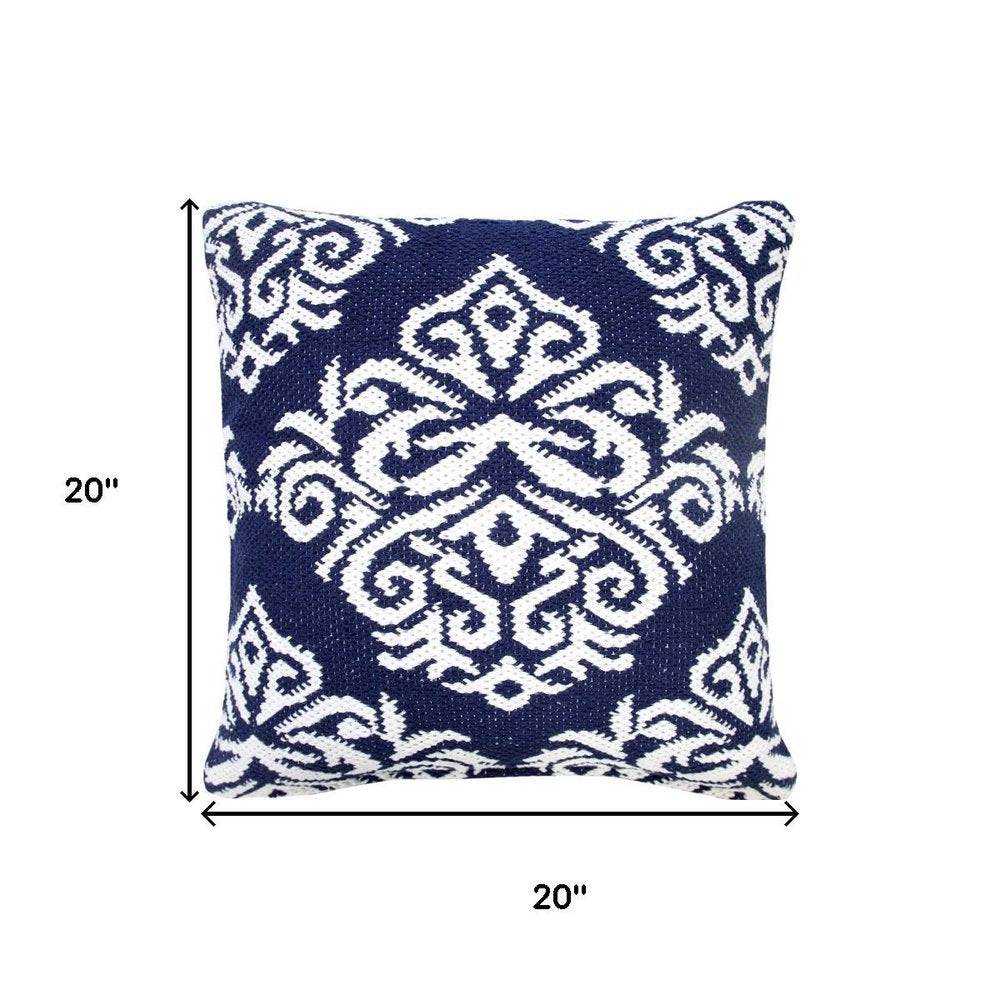 20" Blue And White Medallion Cotton Blend Throw Pillow Cover