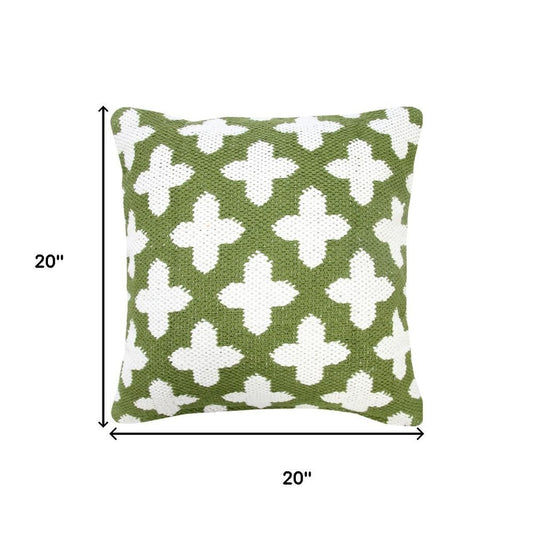 20" Green And White Geometric Cotton Blend Throw Pillow Cover