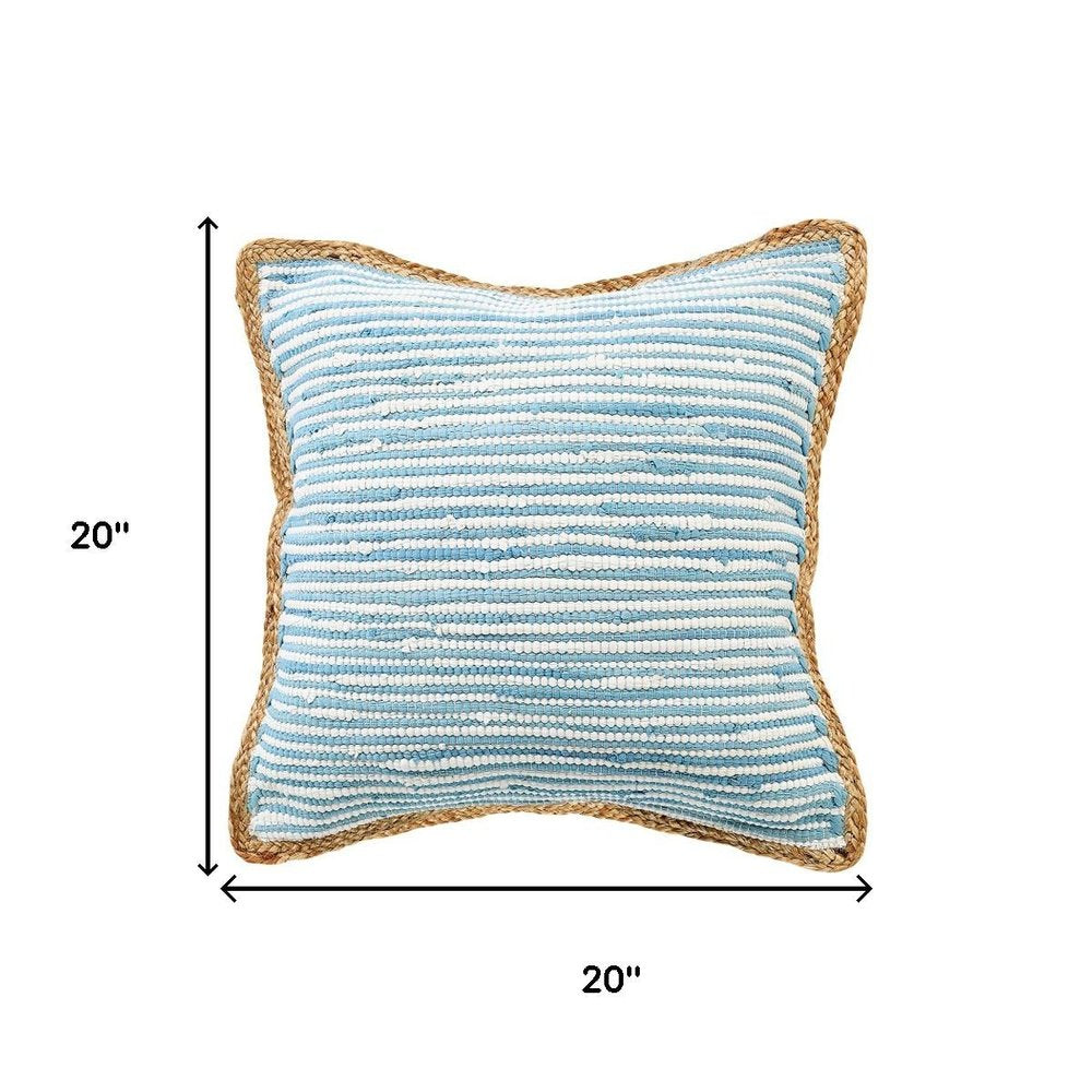 20" Blue And White Beach Striped Cotton Blend Throw Pillow Cover
