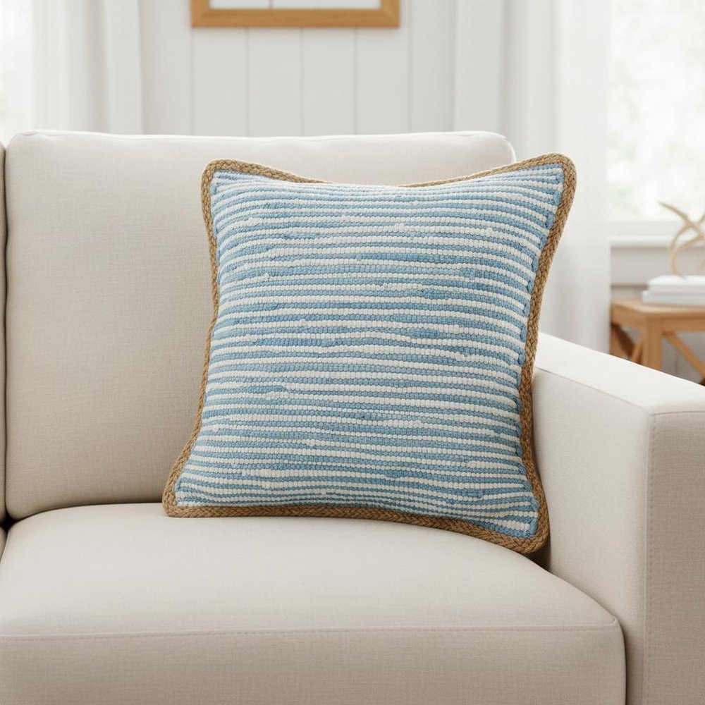 20" Blue And White Beach Striped Cotton Blend Throw Pillow Cover