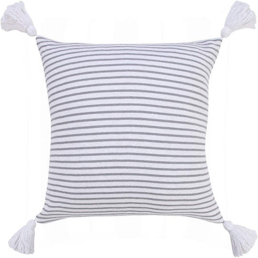 20" Gray And White Striped Cotton Throw Pillow Cover with Tassels