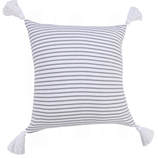 20" Gray And White Striped Cotton Throw Pillow Cover with Tassels