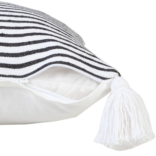 20" Black And White Striped Cotton Throw Pillow Cover with Tassels