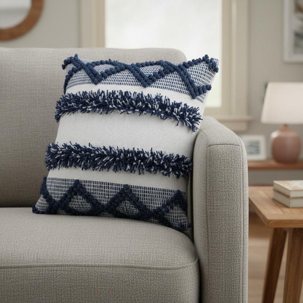 20" Navy Blue And Ivory Striped Throw Pillow Cover