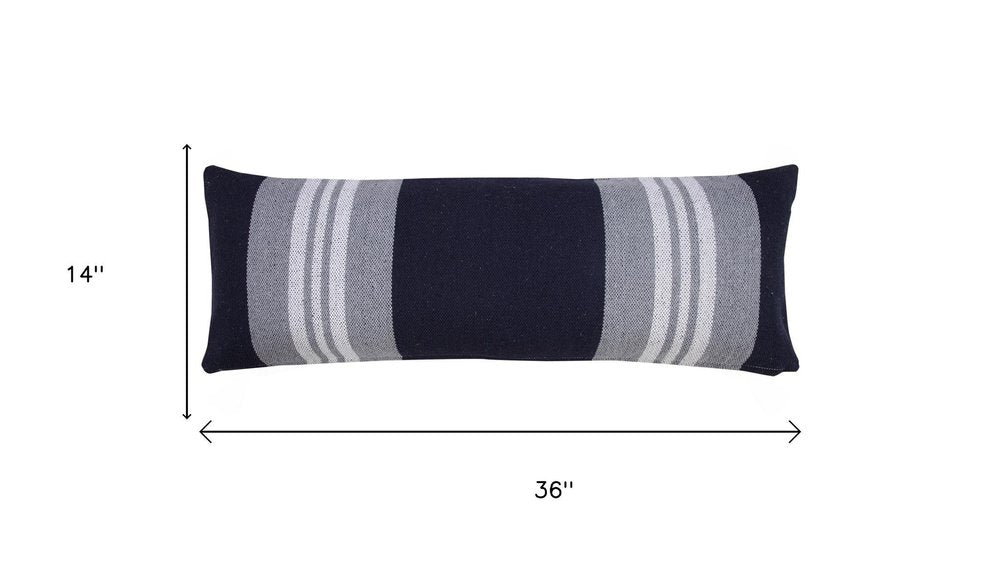 14" X 36" Gray And Blue Lumbar Striped Cotton Throw Pillow Cover