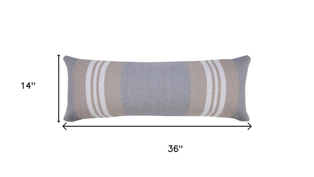 14" X 36" Gray And Beige Lumbar Striped Cotton Throw Pillow Cover